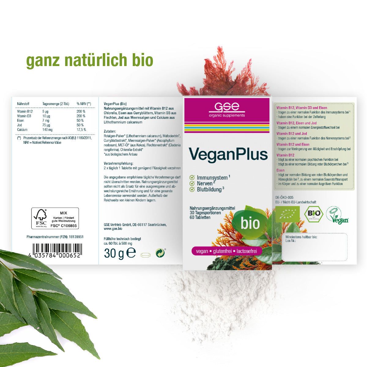 Geöffnete Produktverpackung mit VeganPlus. Aufschrift: 30 Tagesportionen, 60 Tabletten. Bio-Siegel. Inhaltsangaben und Nährwerttabelle.