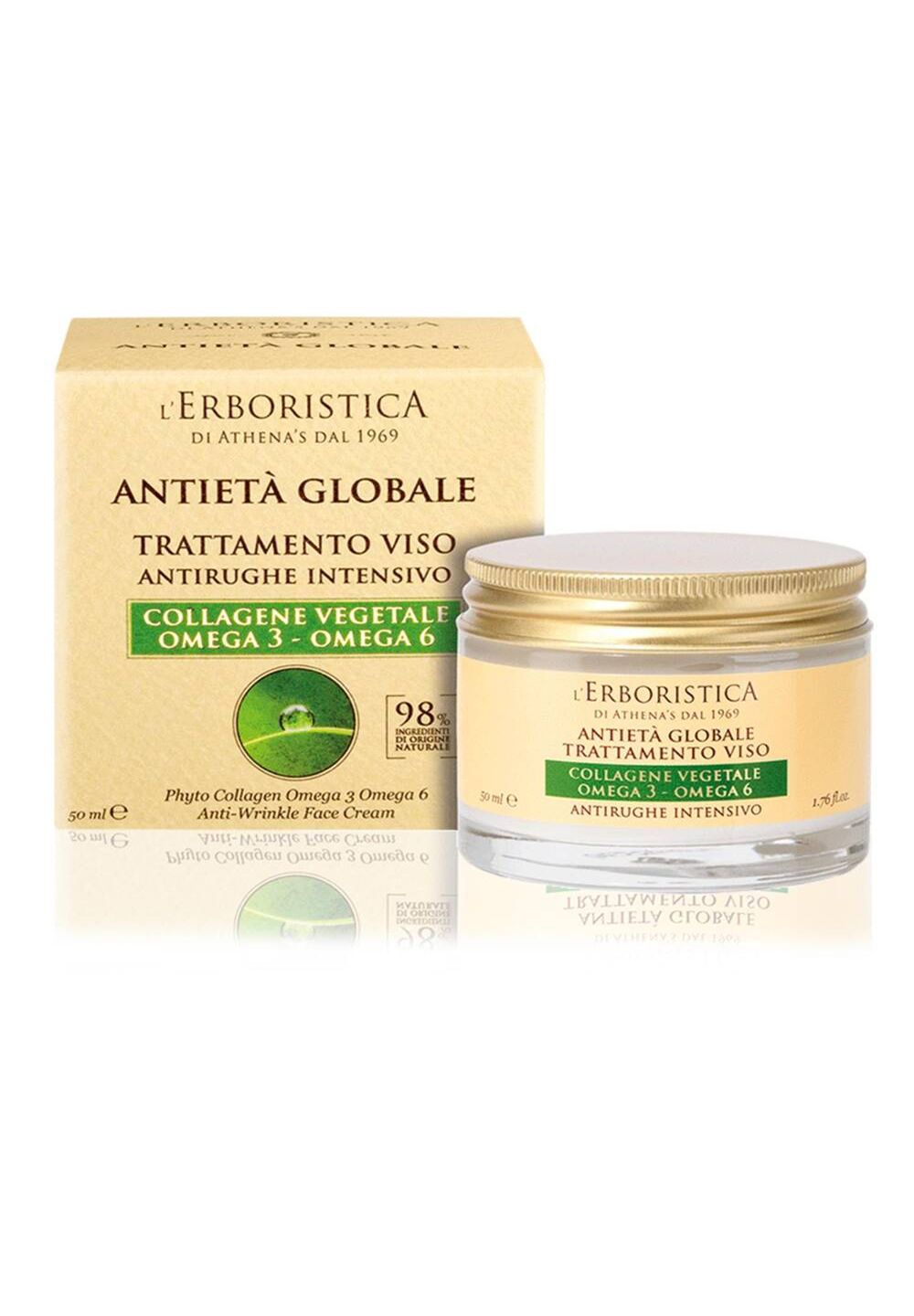 Creme-Glas und Karton. Aufschrift: L'Erboristica, Anti-Aging Globale, Collagene Vegetale Omega 3-6. 98% natürliche Inhaltsstoffe.