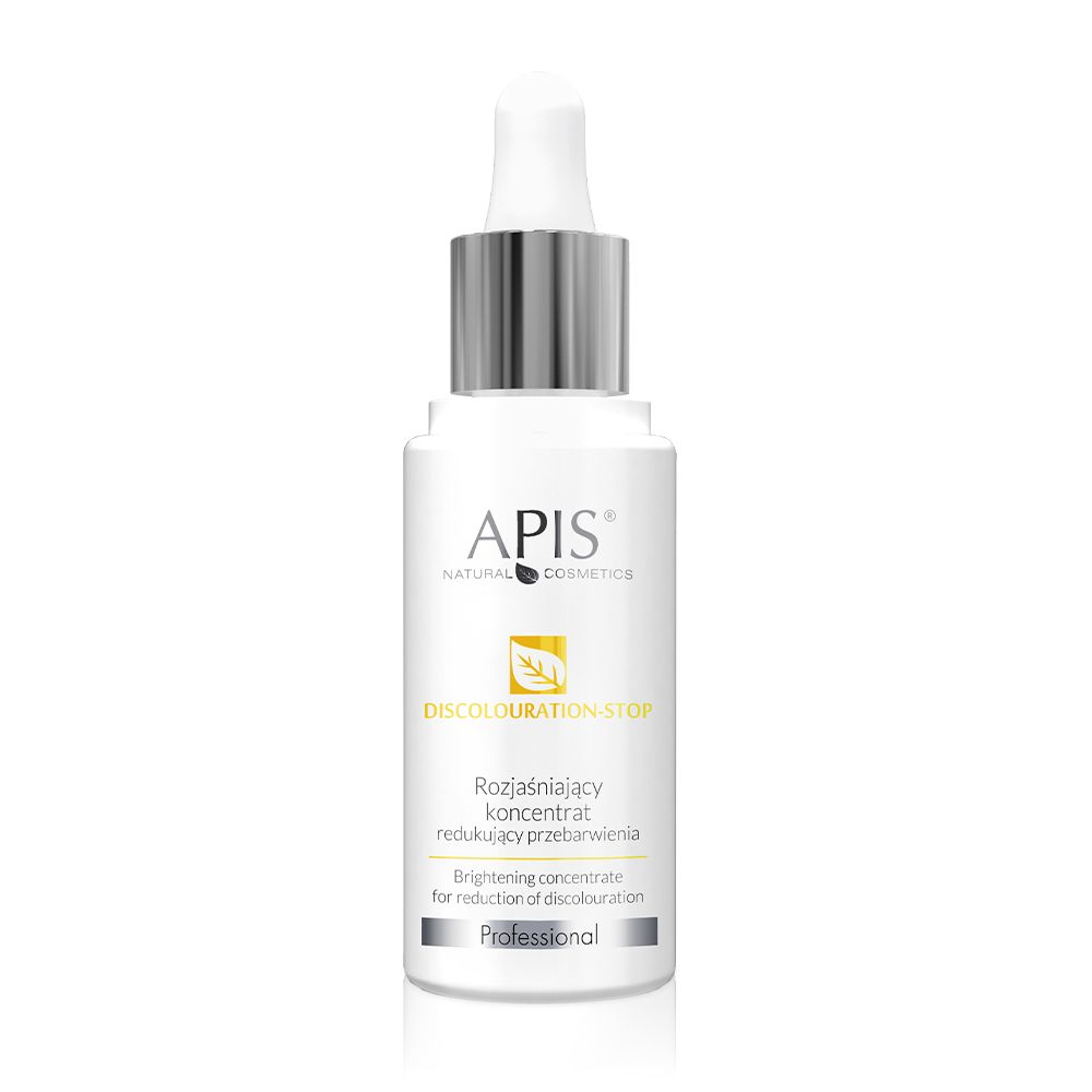 Weiße Flasche mit silbernem Verschluss und Pipette. Aufschrift: APIS DISCOLOURATION-STOP. Gelbes Blatt-Logo.