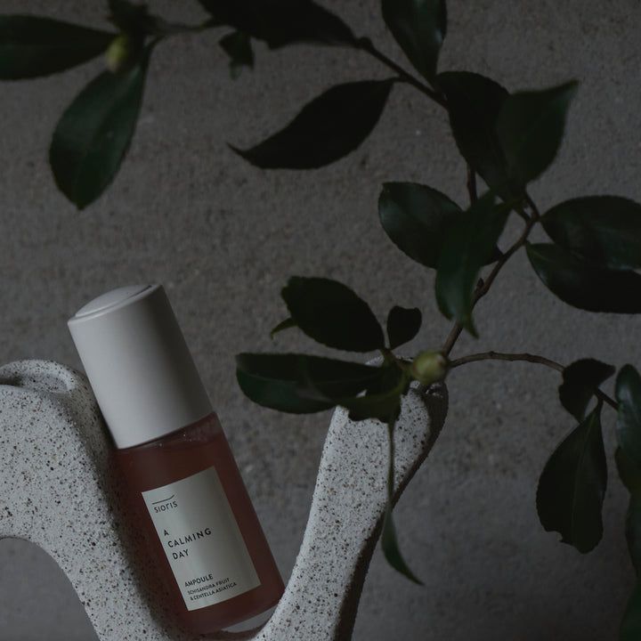 Ampulle mit weißem Deckel und Etikett. Aufschrift: A Calming Day Ampoule. Vor grauem Hintergrund und grünen Blättern.