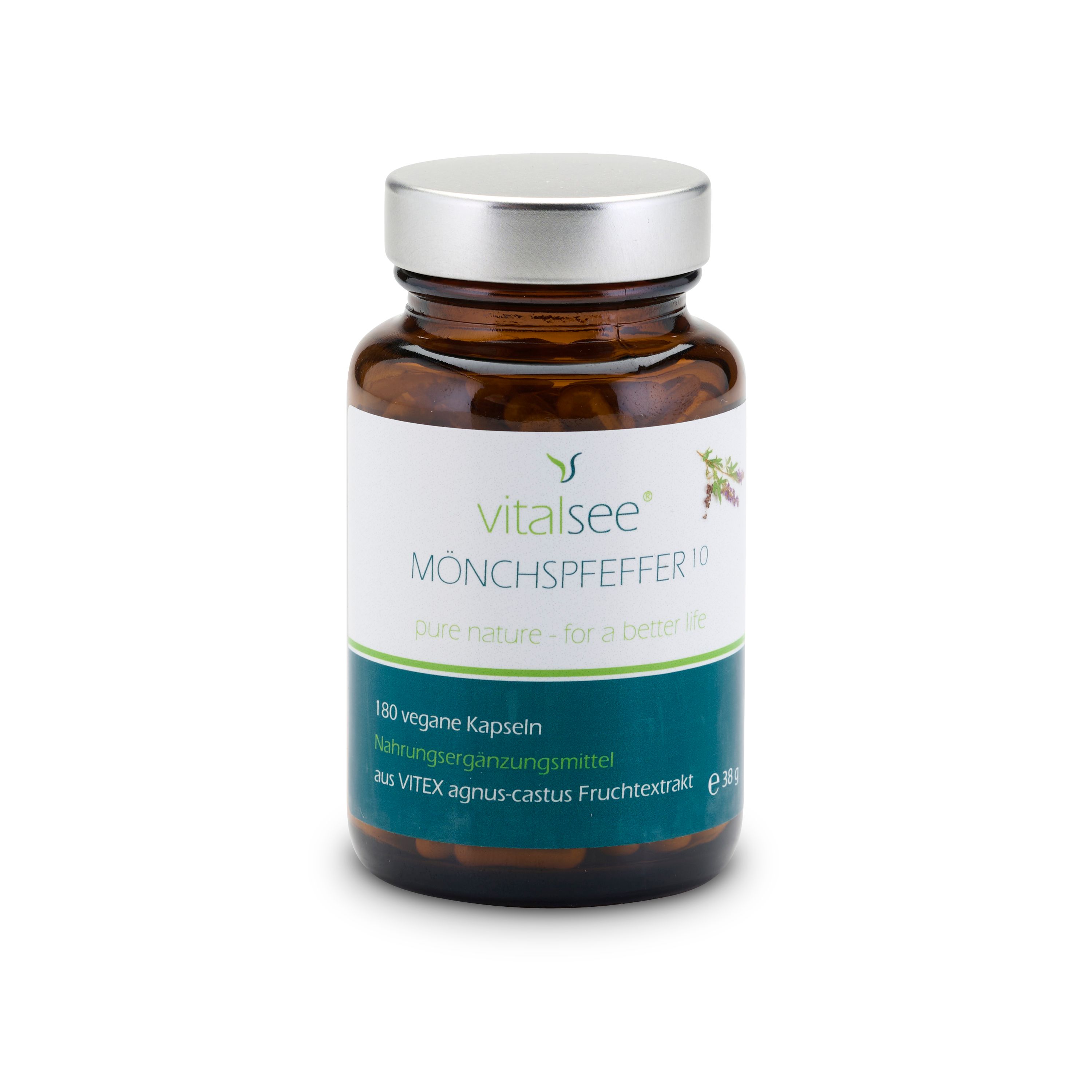 Braune Glasflasche mit silbernem Deckel. Aufschrift: Vitalsee MÖNCHSPFEFFER 10. 180 vegane Kapseln. Nahrungsergänzungsmittel.