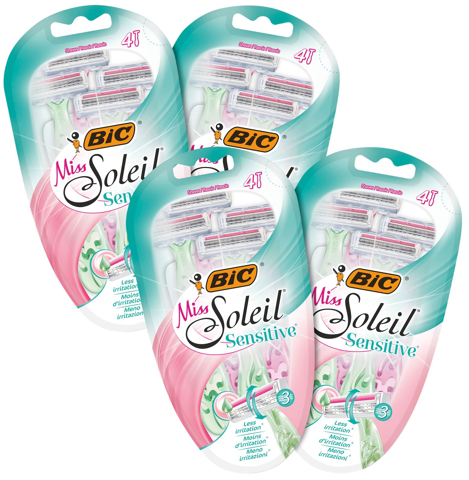 Mehrfachpackung BIC Miss Soleil Sensitive Einwegrasierer. Vier Packungen mit je vier Rasierern. Verpackung in Türkis und Rosa.