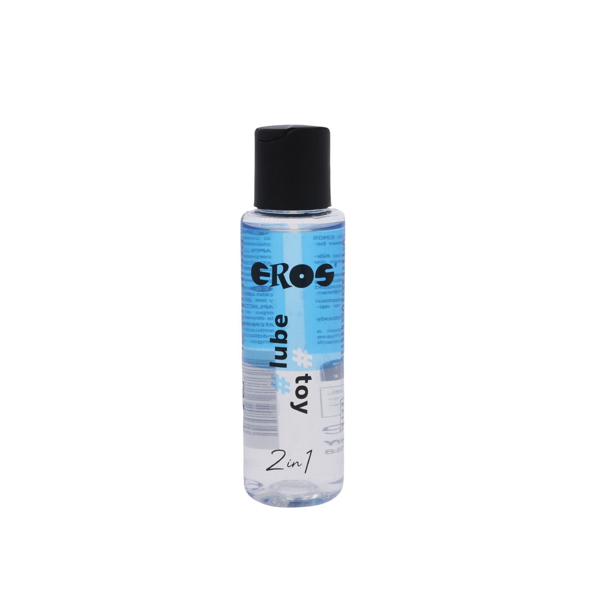 Klarer Flakon mit blauem Inhalt, schwarzem Deckel. Aufschrift "EROS toy lube 2in1".