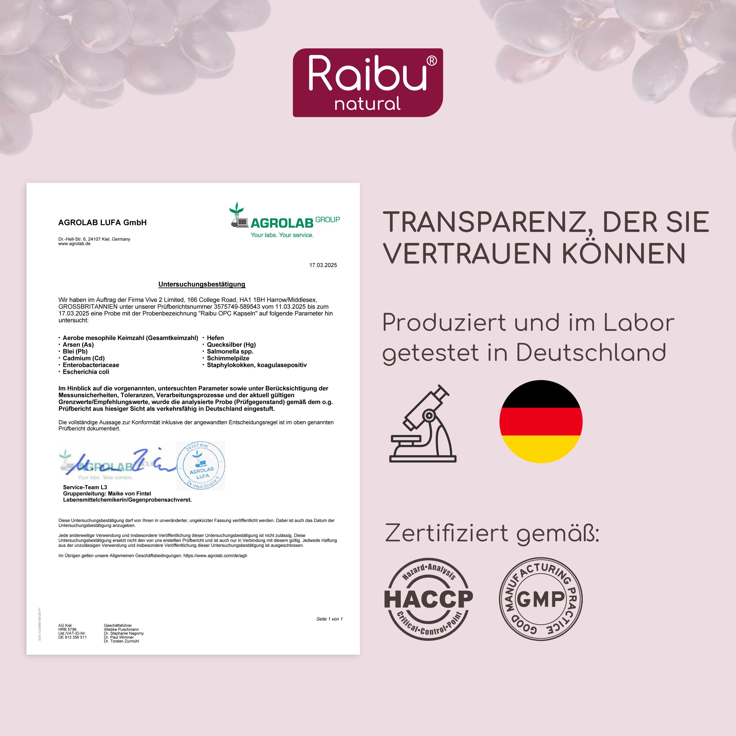Zertifizierungsdokumente. Text: Produziert und im Labor getestet in Deutschland. Zertifiziert gemäß: HACCP, GMP.