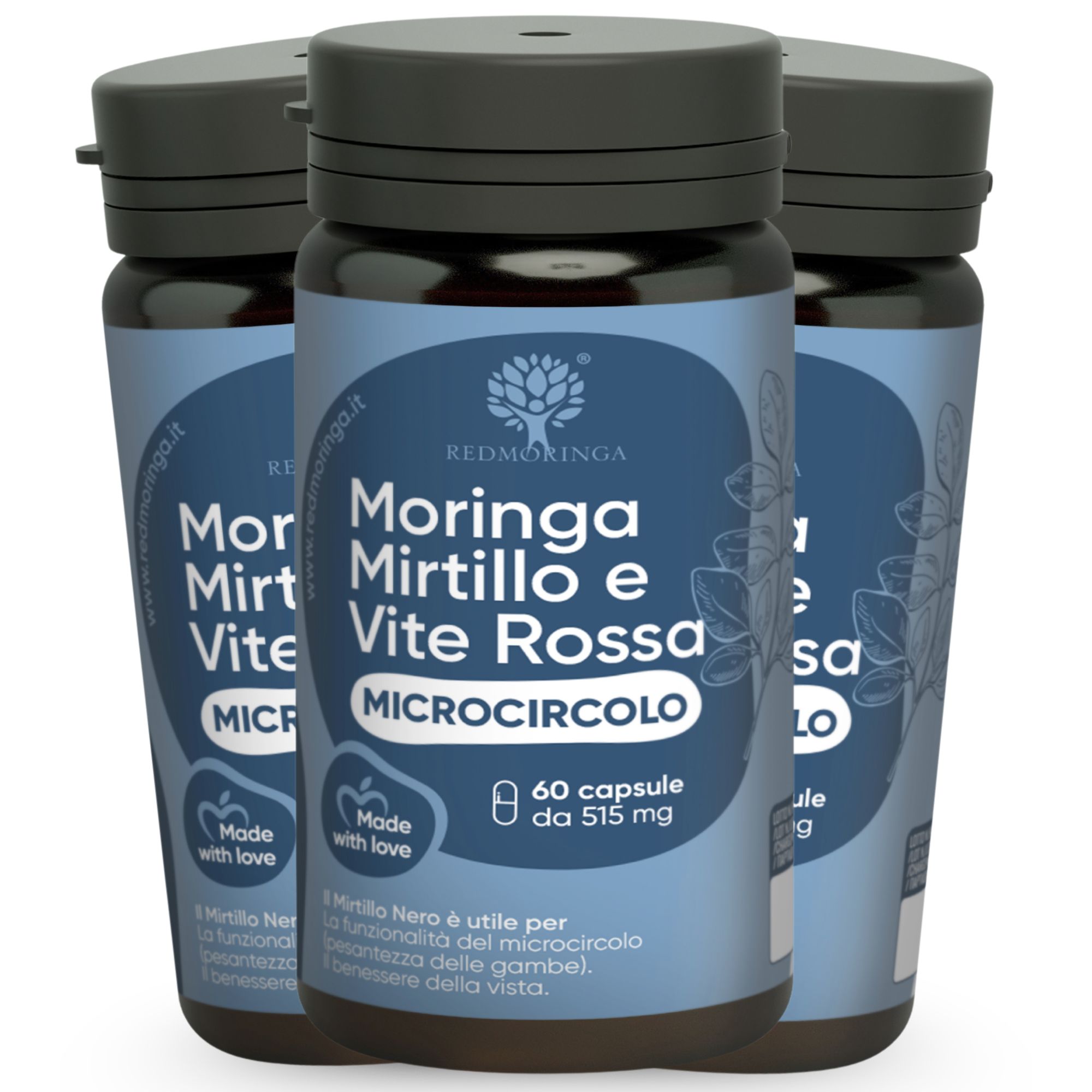 Drei Flaschen RedMoringa MICROCIRCOLO. Blaue Etiketten mit Produktnamen und Logo. Schwarze Deckel.