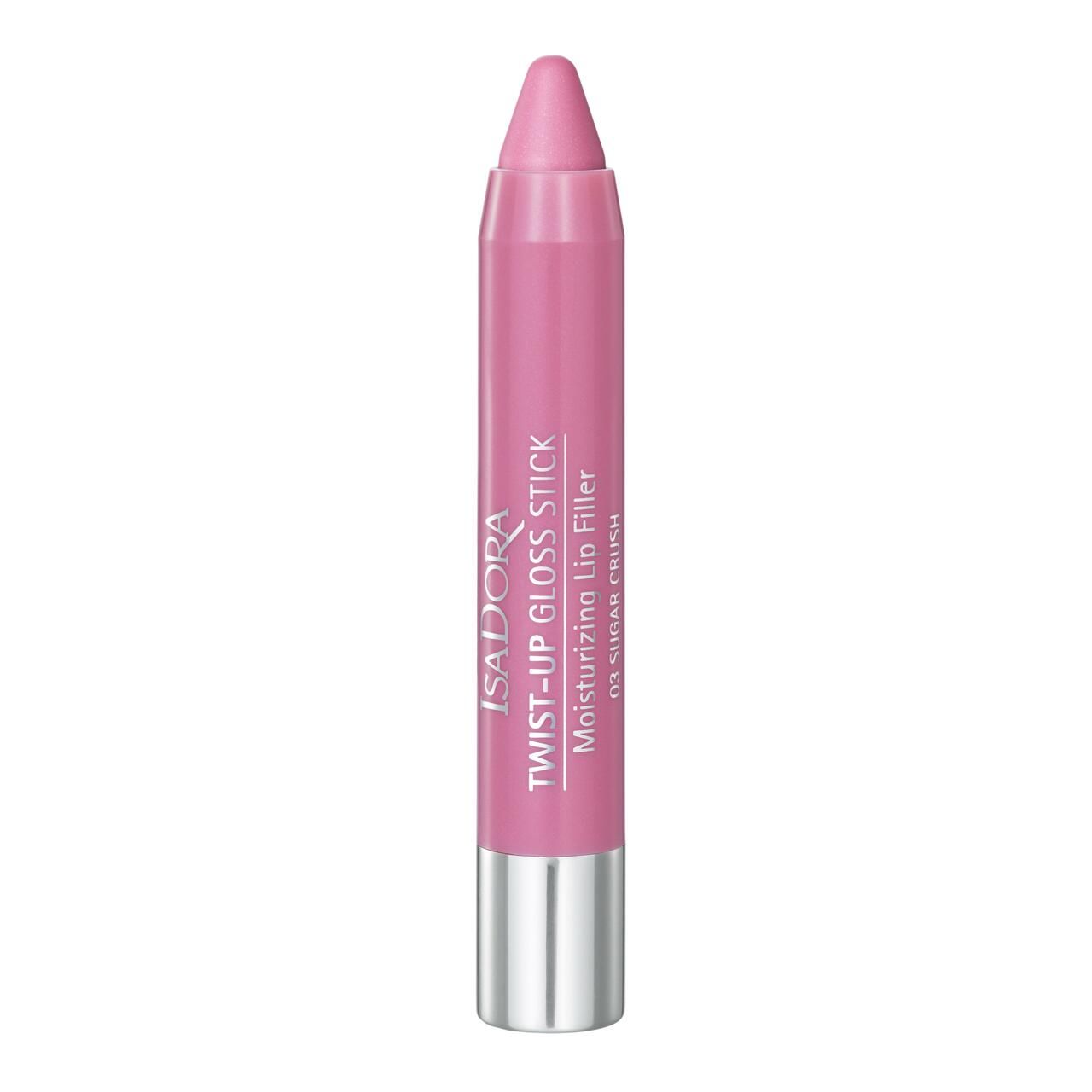 IsaDora Twist-Up Gloss Stick, rosa Lippenstift. Silberne Hülse, rosa Spitze. Text: Twist-Up Gloss Stick, Moisturizing Lip Filler, 03 Sugar Crush.