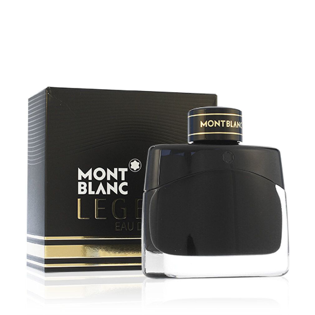 Schwarzer Flakon und Karton. MONTBLANC LEGEND Eau de Parfum ist aufgedruckt. Flakon mit goldfarbenem Deckel.