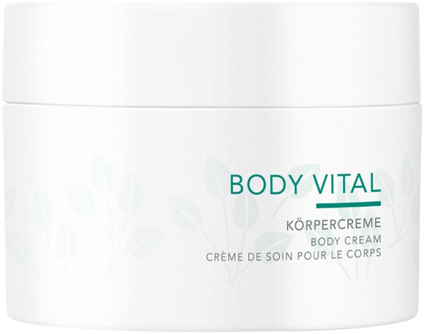Charlotte Meentzen Body Vital Körpercreme in weißem Tiegel. Text: Body Vital, Körpercreme, Body Cream, Crème de soin pour le corps.