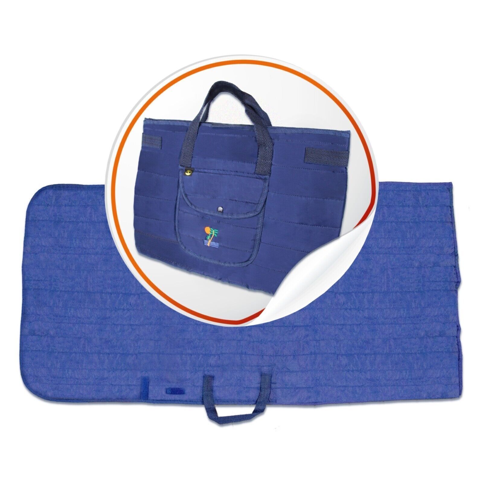 Blaue, faltbare Matte, auch als Tasche nutzbar. Mit Tragegriffen und einer kleinen Tasche mit Logo.