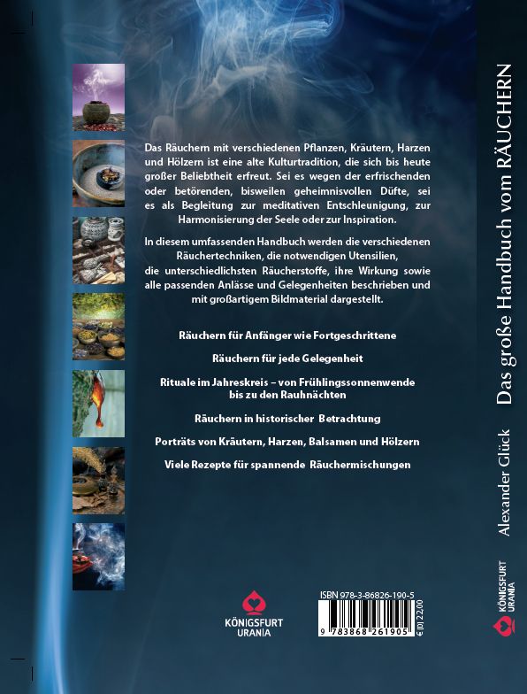 Buchrückseite: "Das große Handbuch vom Räuchern". Text, Inhaltsverzeichnis, ISBN, Verlag: Königsfurt-Urania.