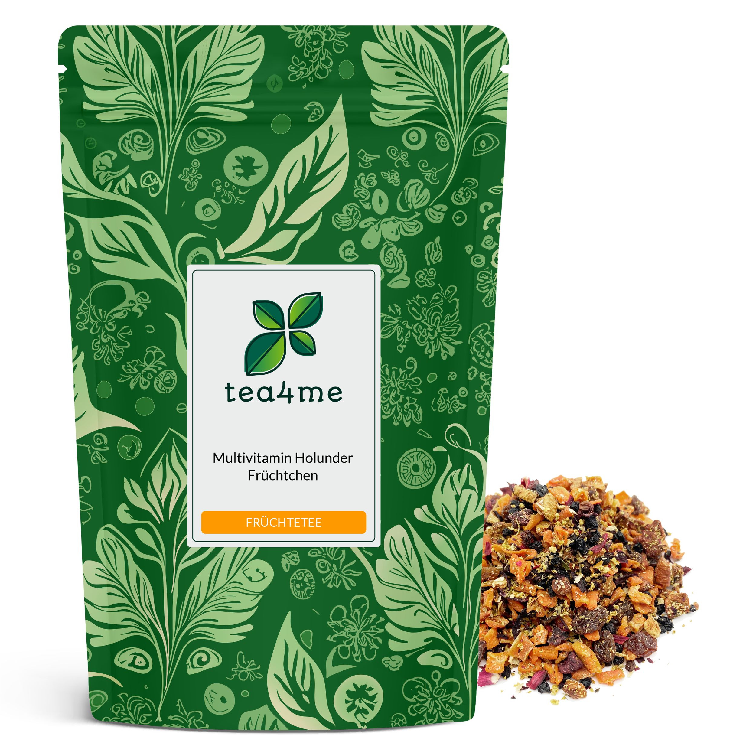 Grüne Verpackung mit Logo und Produktbezeichnung. Daneben eine kleine Menge loser Früchtetee.