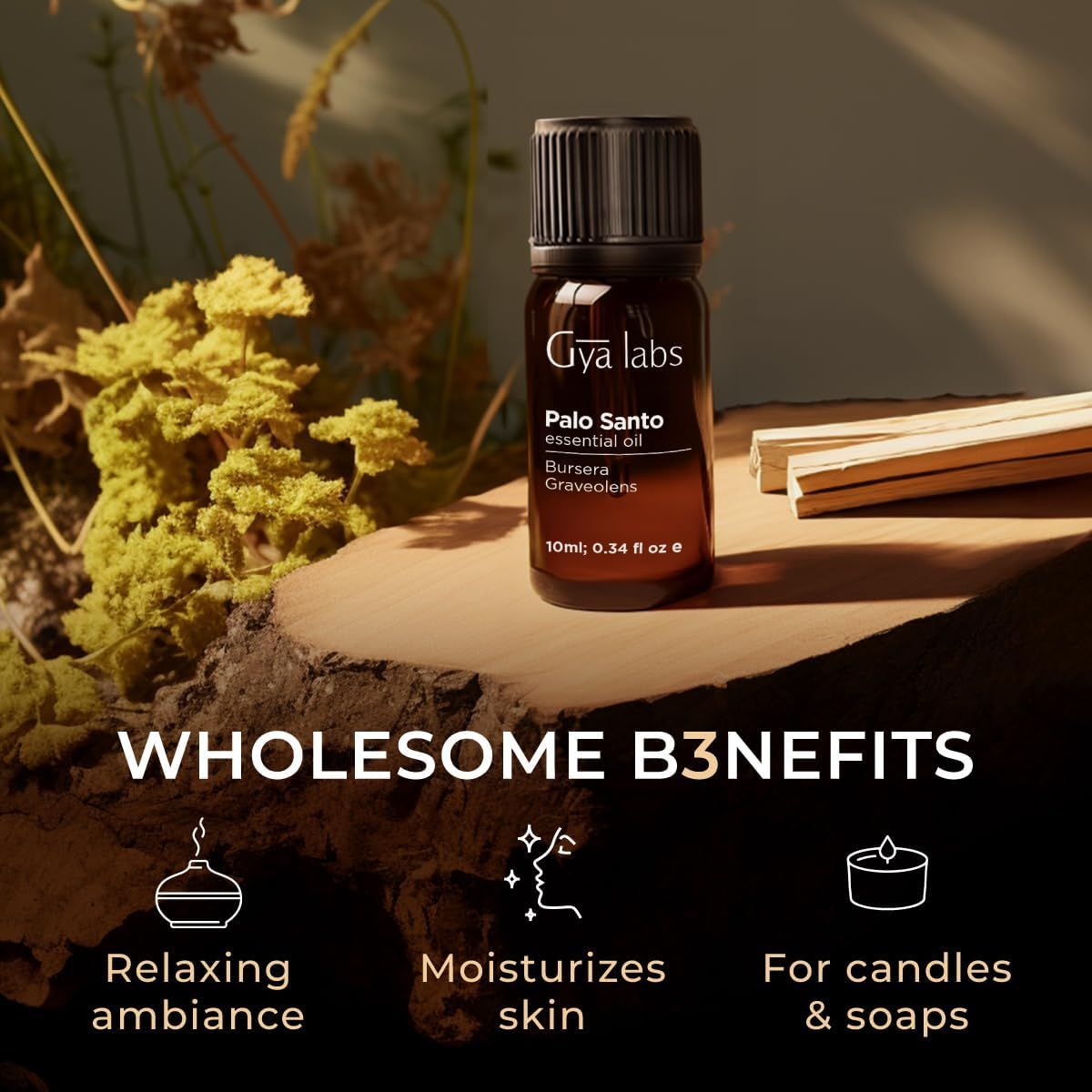 Braune Glasflasche mit schwarzem Deckel. Text: Gya Labs, Palo Santo essential oil, Bursera Graveolens, 10ml; 0.34 fl oz. Auf Holzstück.