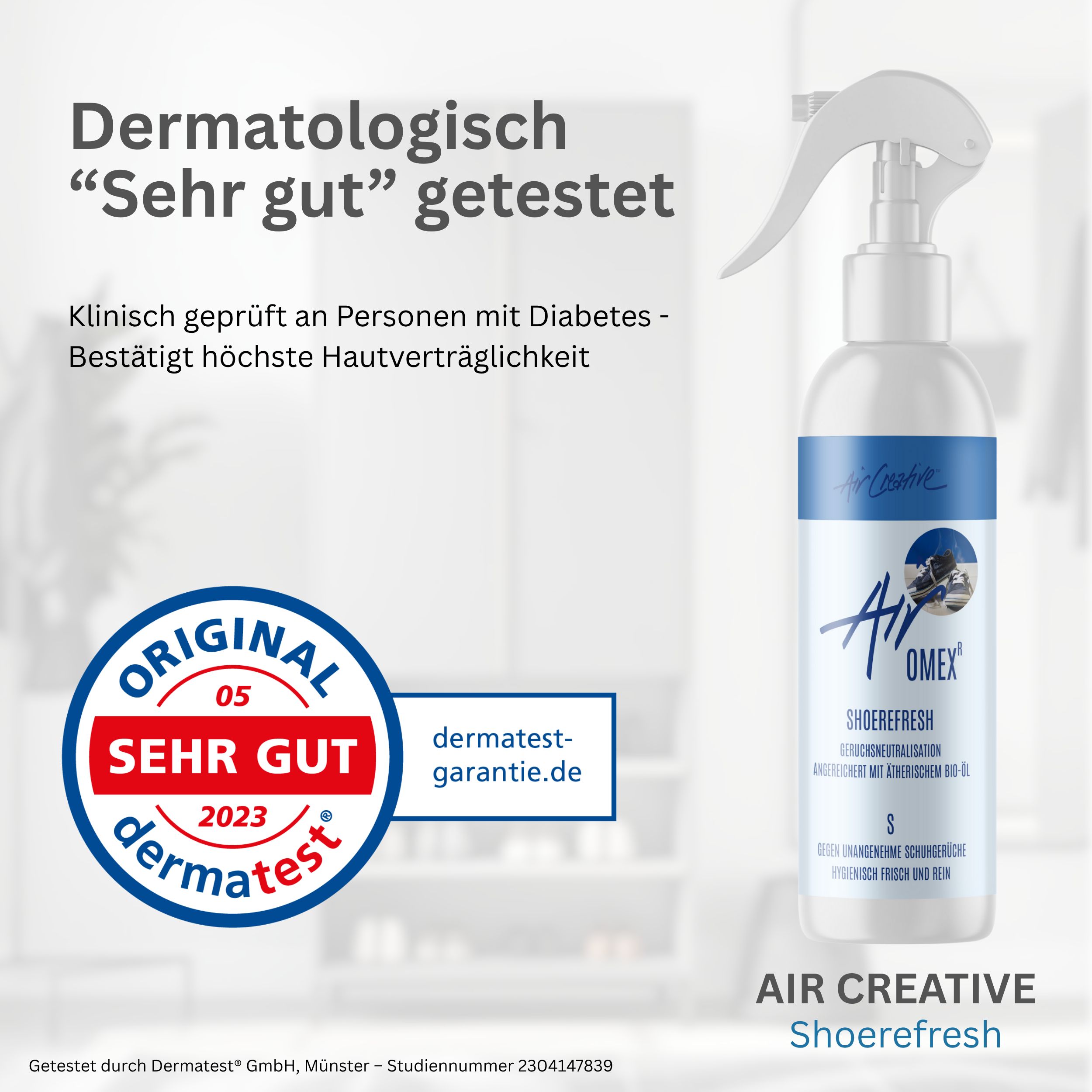 Weiße Sprühflasche mit blauem Etikett. Text: Air Creative Airomex Schuhfrisch. Dermatologisch getestet. Siegel: Dermatest Sehr Gut 2023.