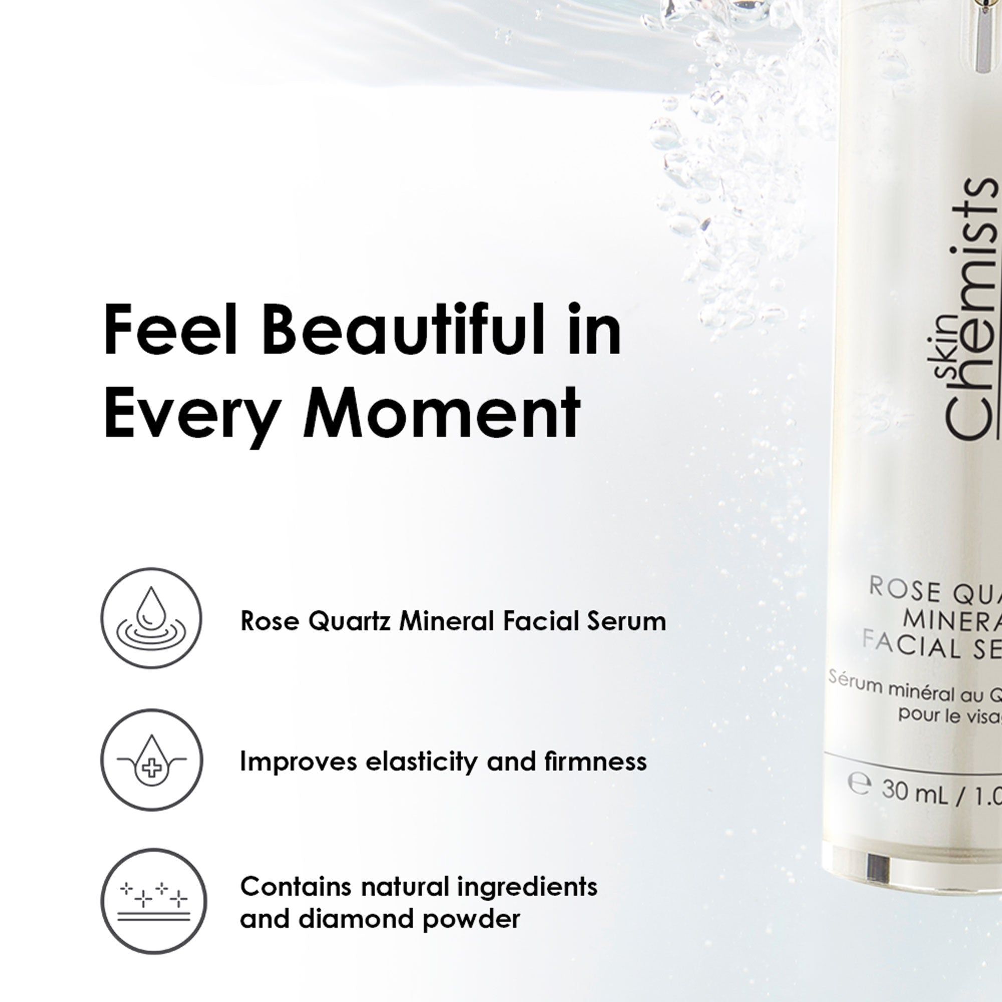Serumflasche neben Icons und Text. Aufschrift: skinChemists London, Rose Quartz Mineral Facial Serum. Volumen: 30 ml / 1.01 fl oz.