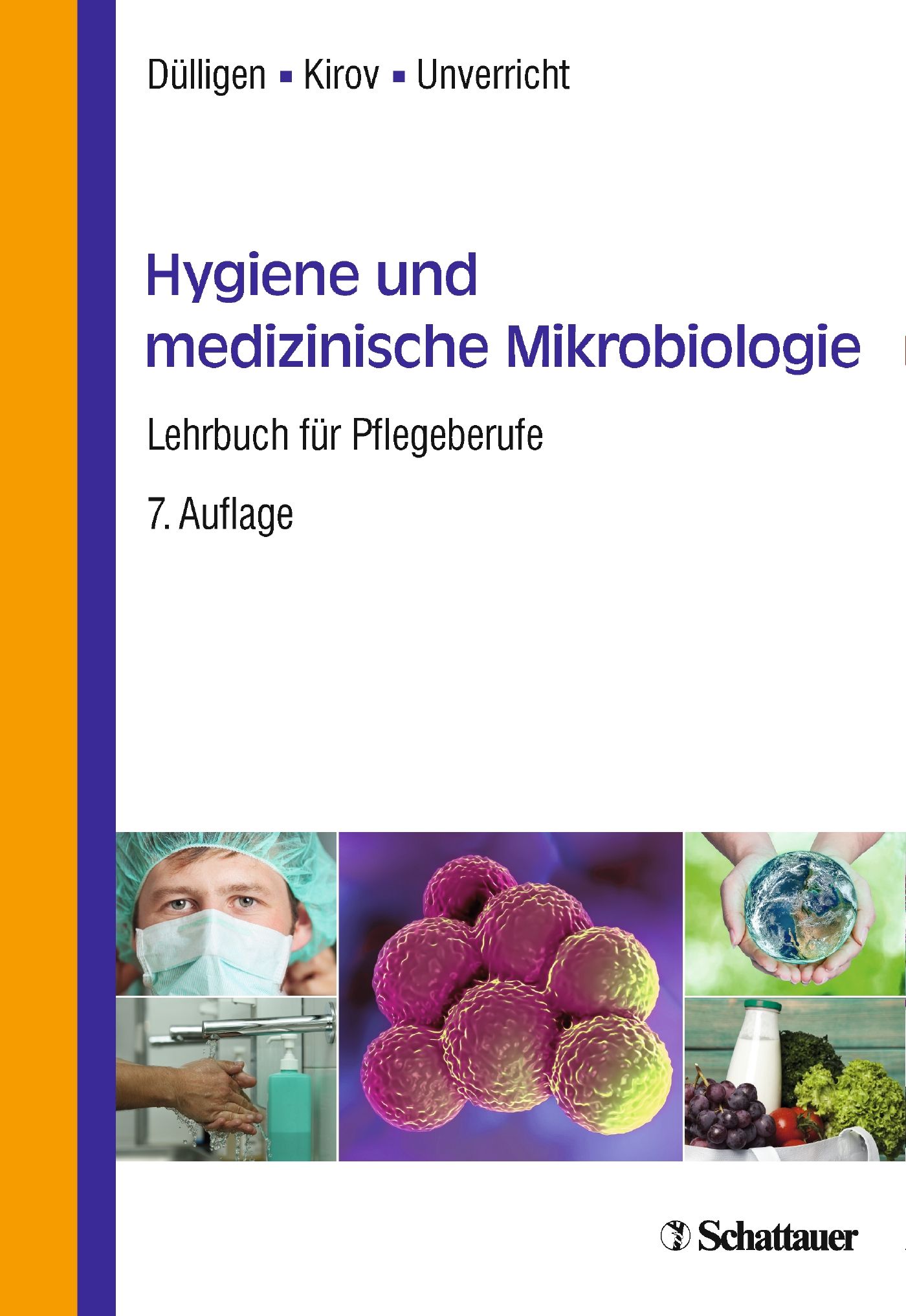Buchcover: "Hygiene und medizinische Mikrobiologie". Titel, Autoren, Auflage 7. Abbildungen: Bakterien, Hände waschen, Erde, Lebensmittel.