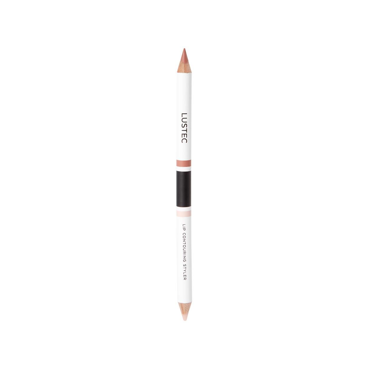 Doppel-Lippenkonturstift. Weißer Stift mit zwei Spitzen, einer hellen und einer dunkleren Farbe. Aufschrift: LUSTEC, LIP COUNTURING STYLER.