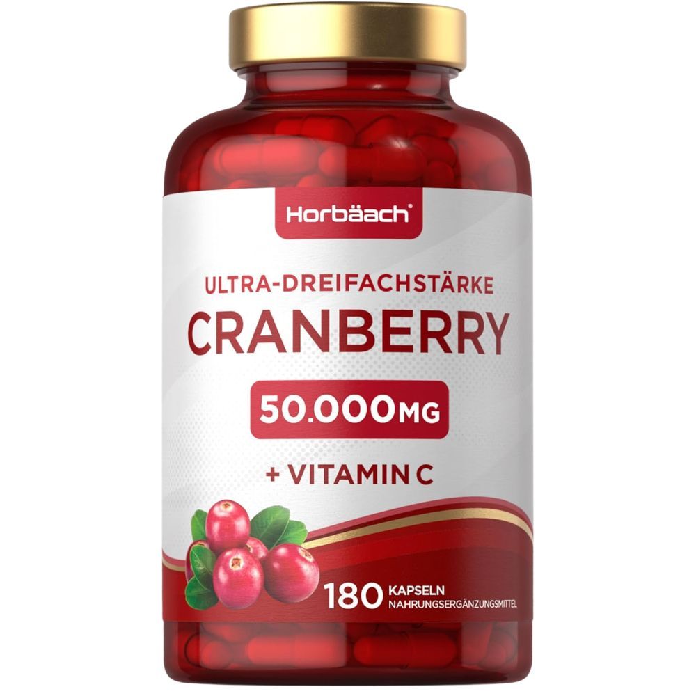 Rote Kapseln in einer Flasche. Aufschrift: Cranberry 50.000mg + Vitamin C. 180 Kapseln.