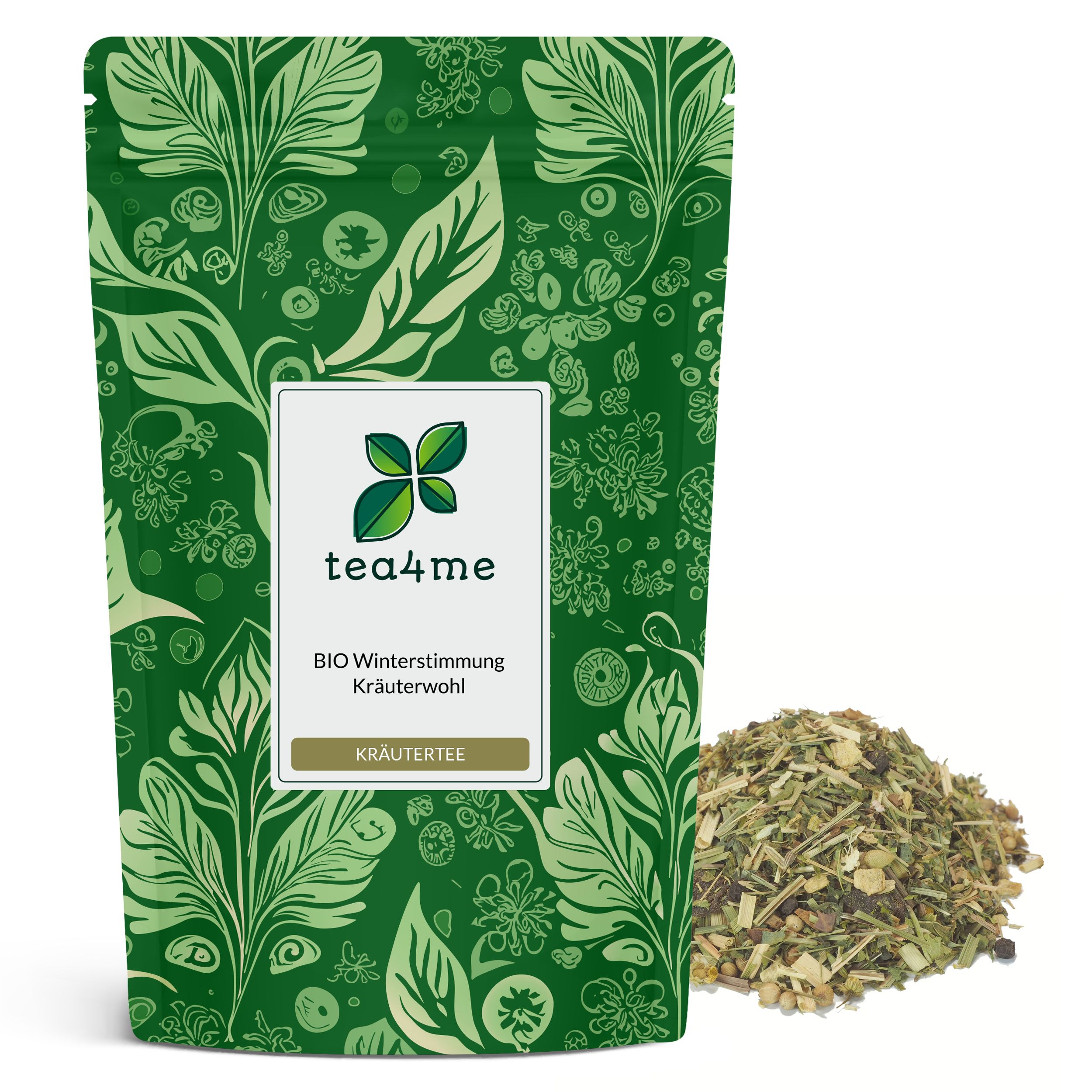 Grüner Beutel mit Kräutertee. Aufschrift: tea4me BIO Winterstimmung Kräuterwohl Kräutertee mit Minze-Geschmack. Daneben loser Tee.