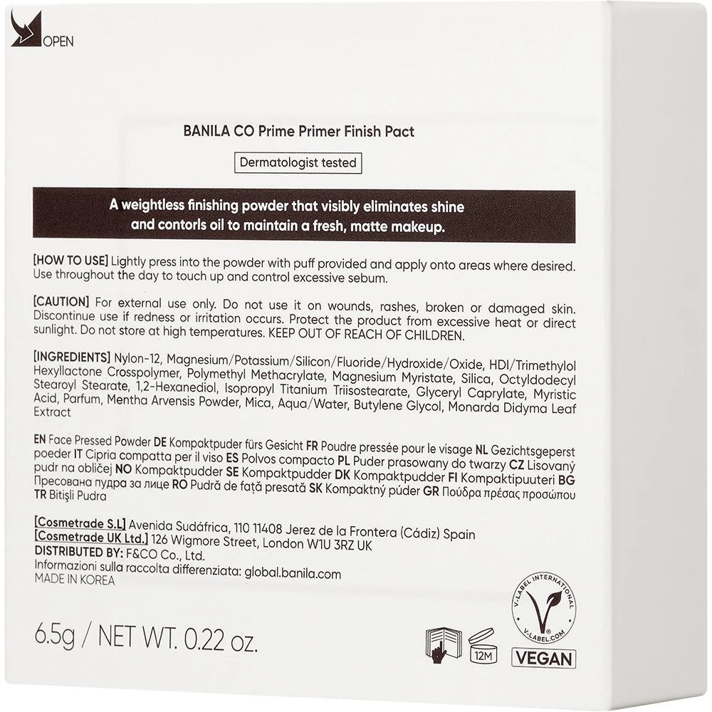 Banila Co Prime Primer Finish Pact, ein Kompaktpuder mit Dermatologen-Test-Siegel.