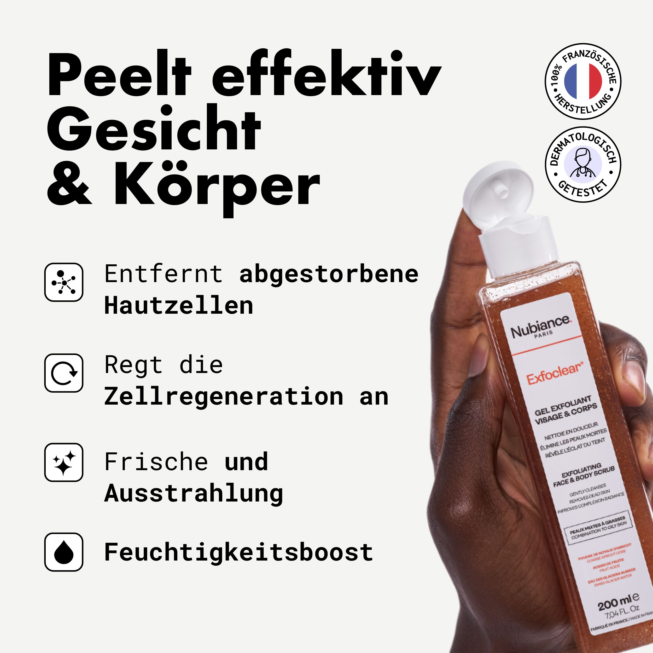 Exfoclear Gel für Gesicht & Körper. Entfernt abgestorbene Hautzellen, regt die Zellregeneration an.