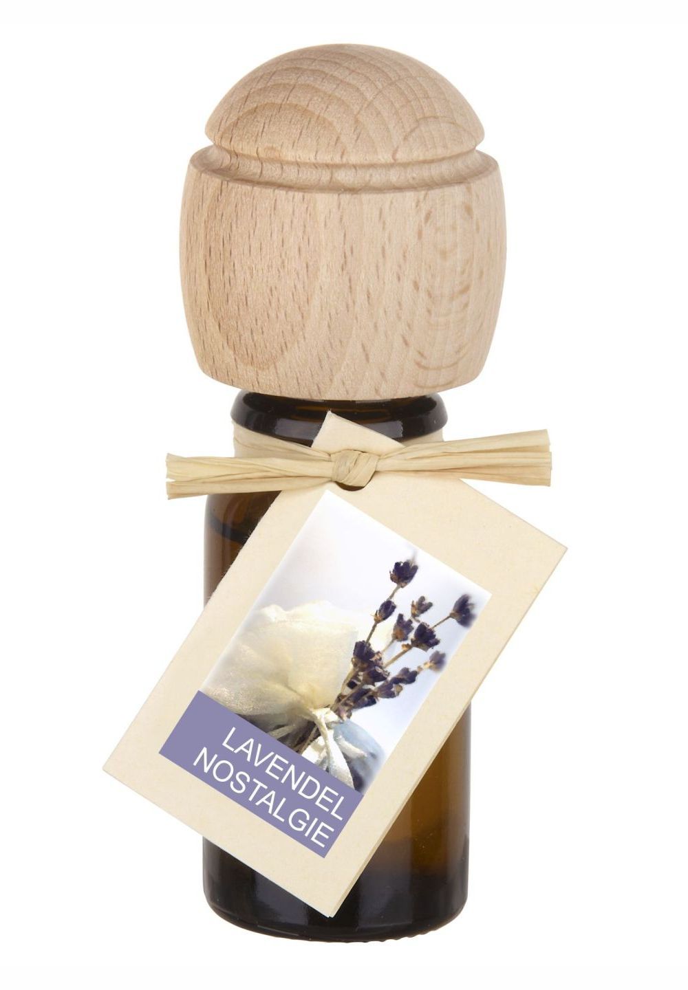 Braune Glasflasche mit Holzverschluss und Anhänger. Auf dem Anhänger steht "Lavendel Nostalgie".