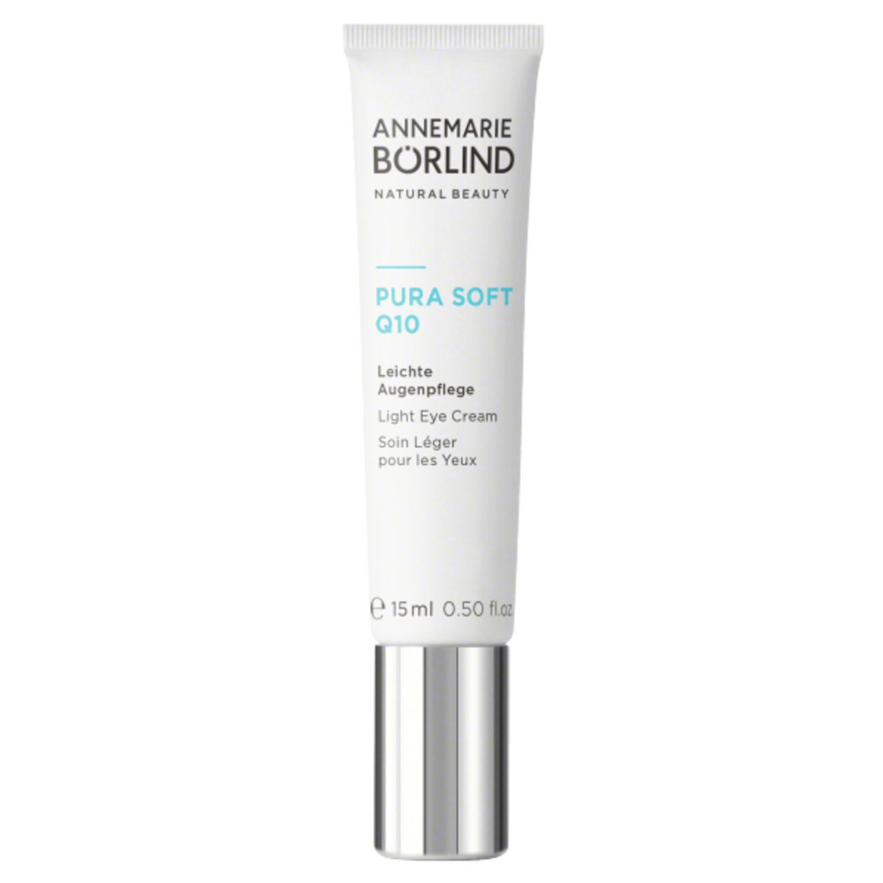 Creme-Tube mit Produktnamen und Marke. Silberner Deckel, weiße Tube mit blauer Schrift.