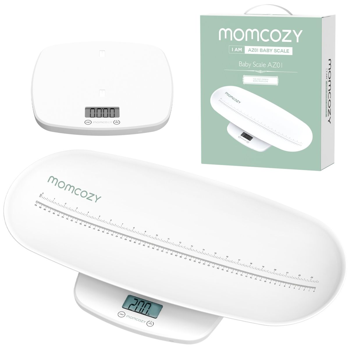 Babywaage, weiß, mit digitaler Anzeige. Momcozy-Logo. Verpackung mit Produktname und Logo. Längliche Waage mit Messskala.
