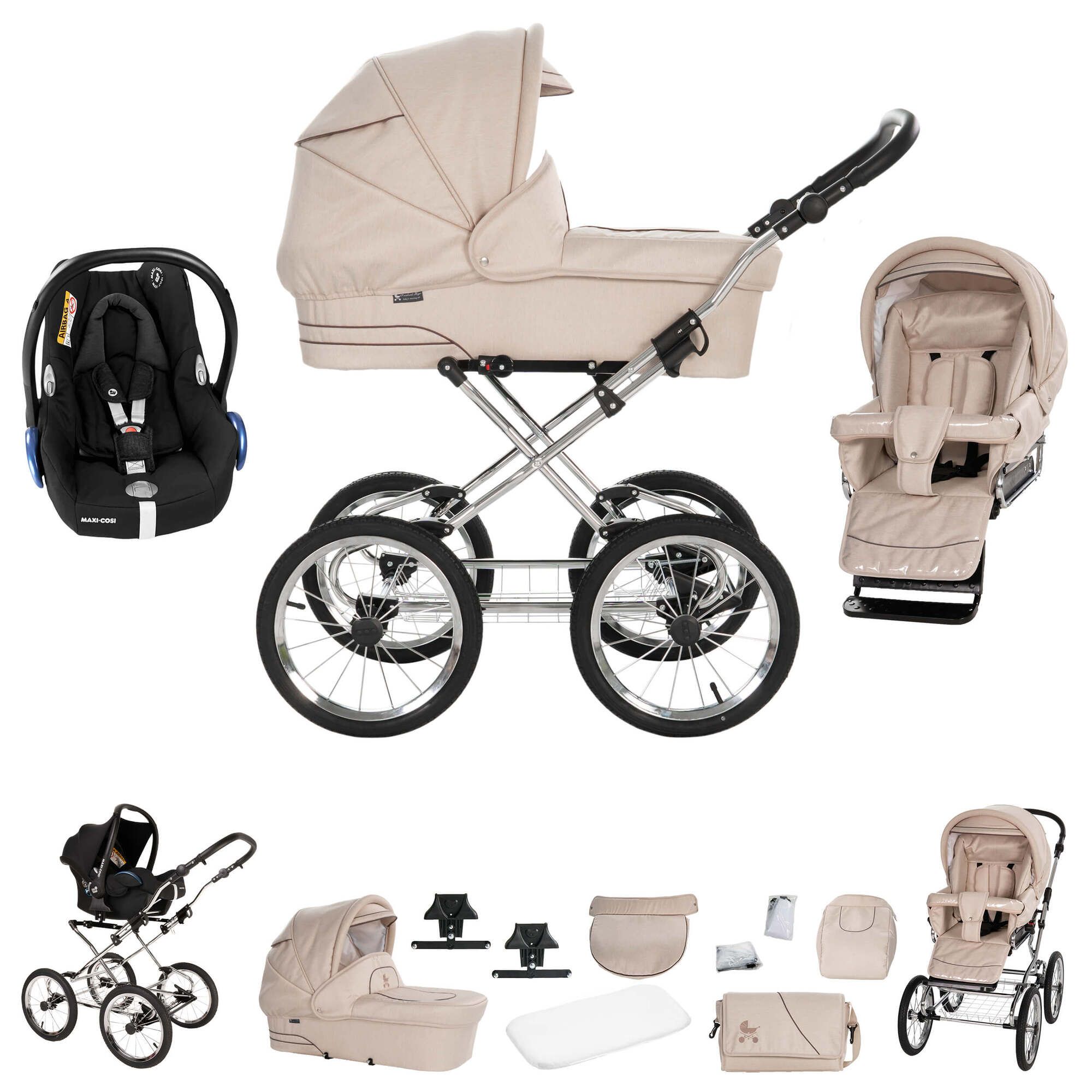 Friedrich Hugo München 3 in 1 Kinderwagen mit original Maxi Cosi, Sand Chrom Schwarz