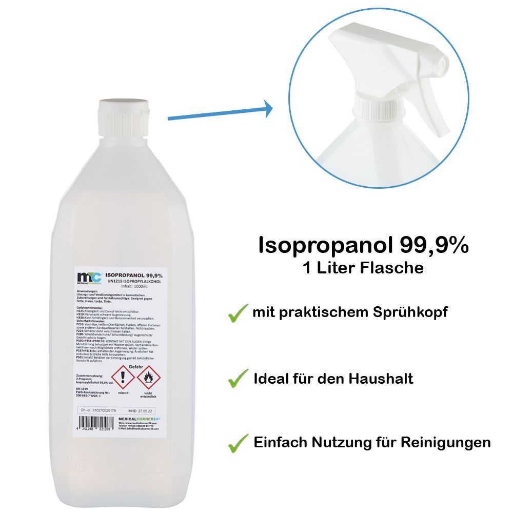 Isopropanol 99,9% Flasche mit Sprühkopf. Text: 1 Liter Flasche, mit praktischem Sprühkopf.