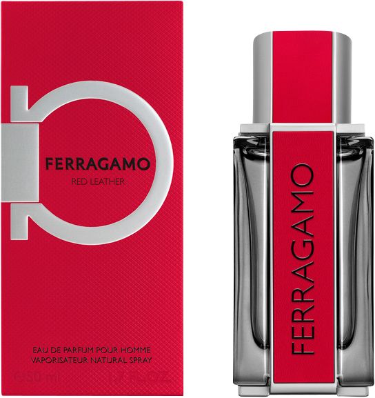 Salvatore Ferragamo Red Leather Eau de Parfum Flakon und rote Verpackung mit Gancini-Logo.