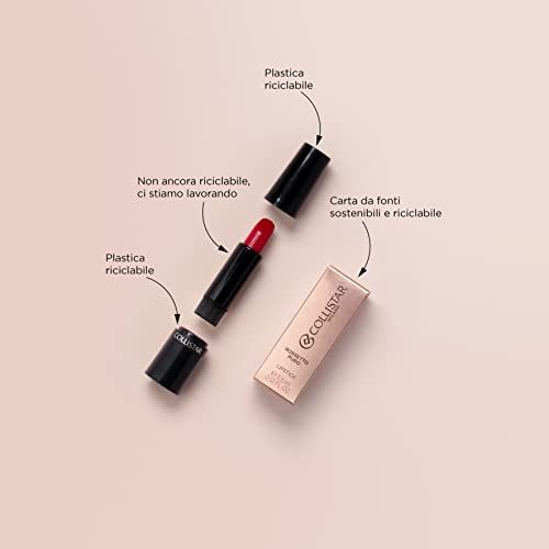 Lippenstift in Einzelteilen mit Verpackung. Beschriftung: 'Carta da fonti sostenibili e riciclabile'.