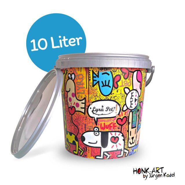 Eimer mit Deckel, Tierzeichnungen. "Lyra Pet" Schriftzug. "10 Liter" Text. "HONK-ART by Jürgen Kadel" Logo.