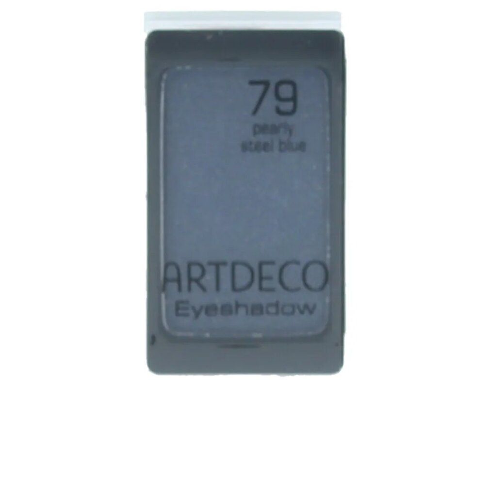 Artdeco Lidschatten Pearlfarben, Farbton 79, perlmutt-stahlblau, in dunkler Hülle. Text: ARTDECO Eyeshadow.