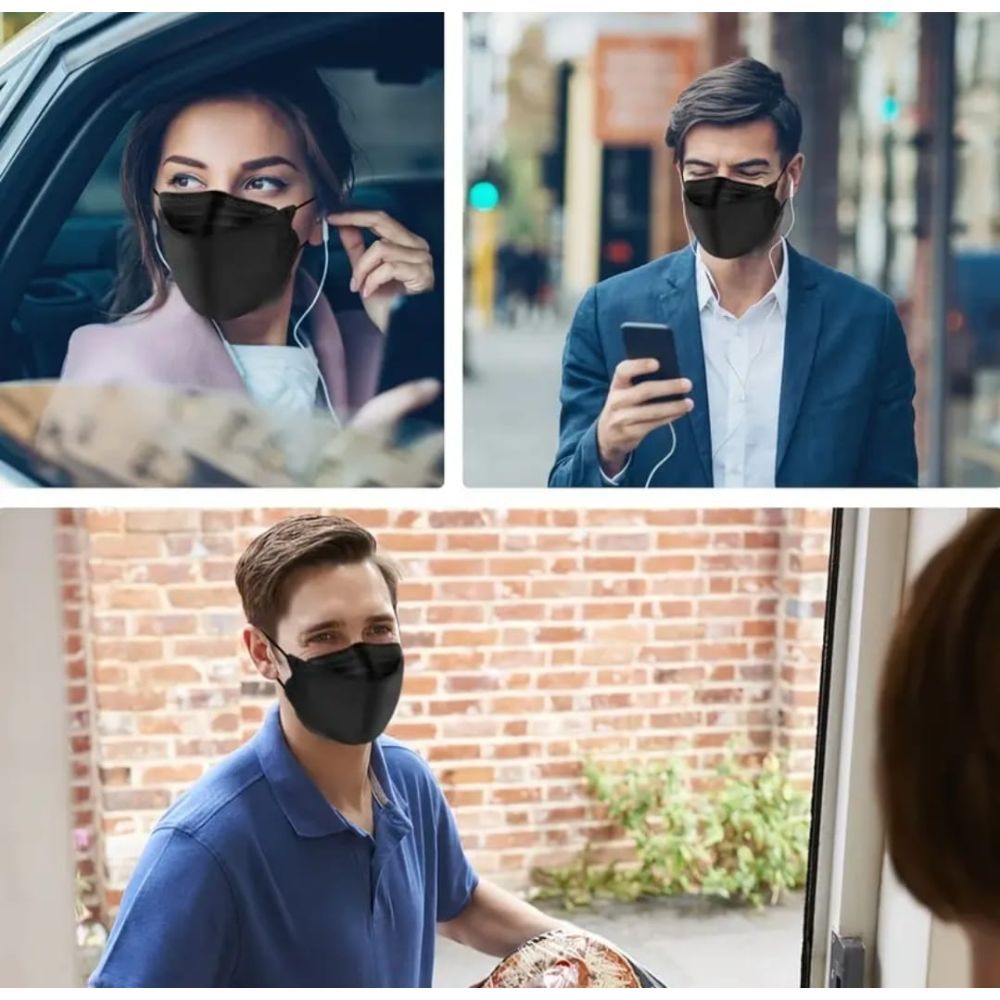 Drei Personen tragen schwarze Gesichtsmasken in verschiedenen Umgebungen. Eine Person im Auto, zwei im Freien.