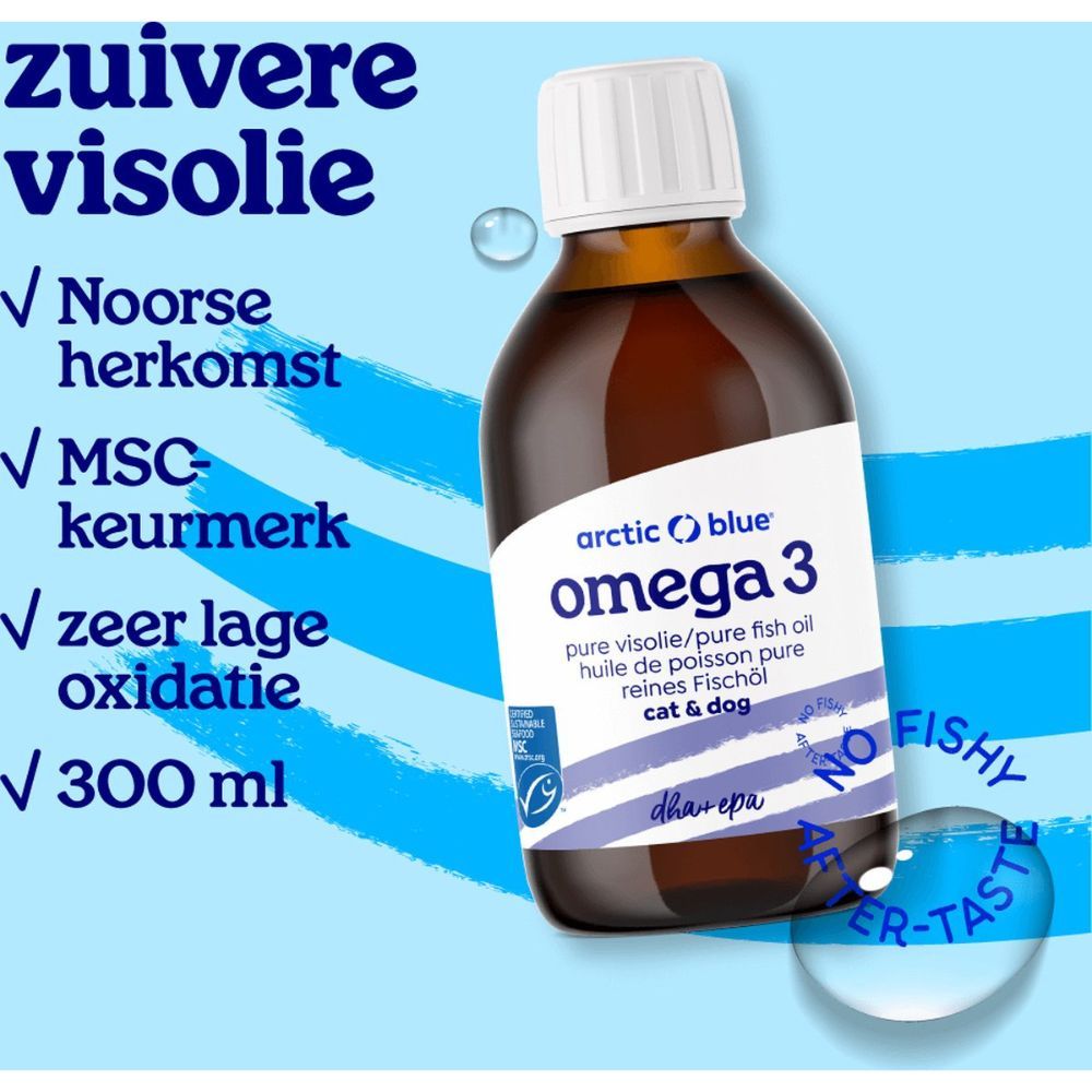 Fles Arctic Blue Omega 3 visolie. Herkomst Noorwegen. MSC-keurmerk. 300 ml. Geen vissmaak.
