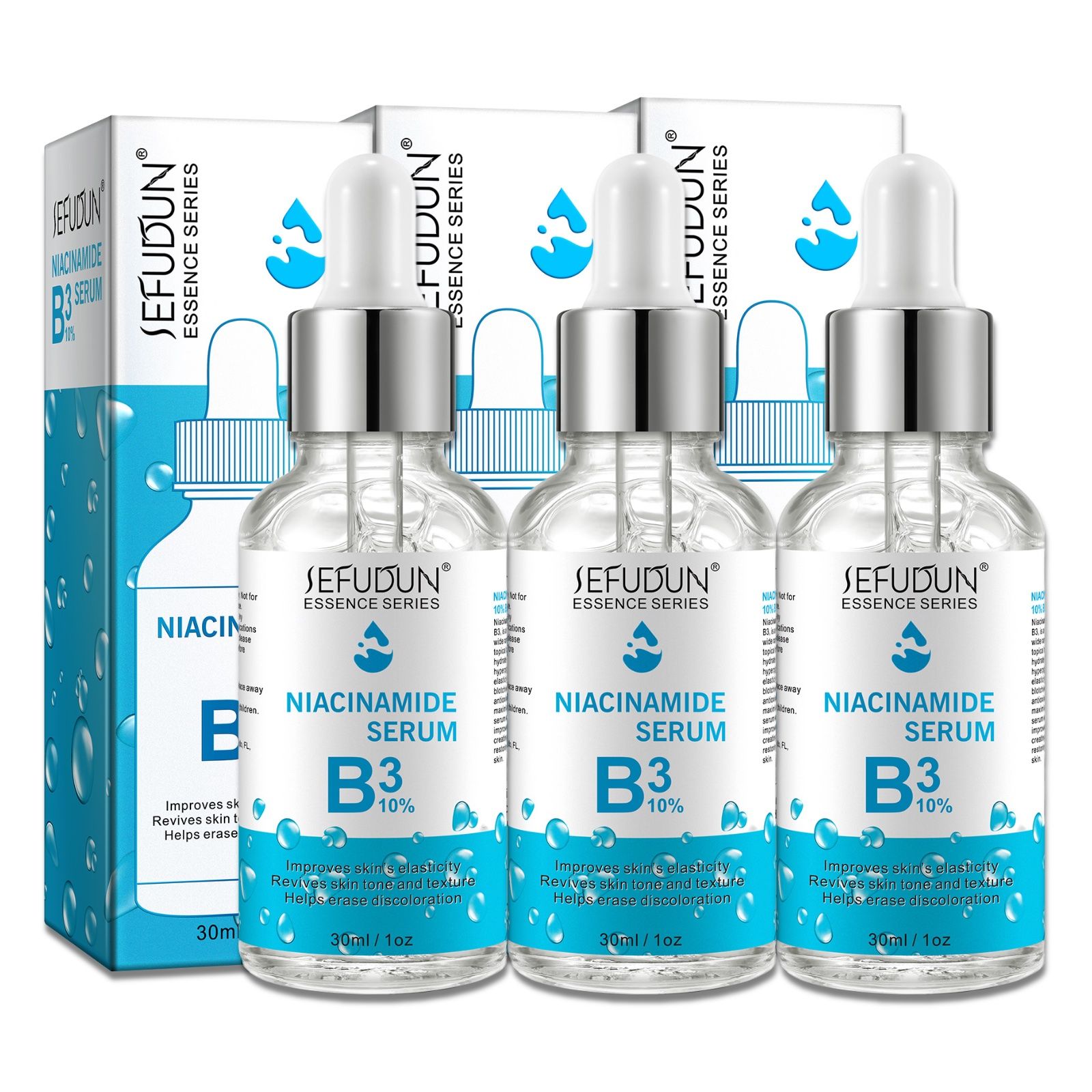 Drei Flaschen Niacinamid Serum B3 10% mit Verpackung. Auf der Verpackung: SEEFUDUN Essence Series.