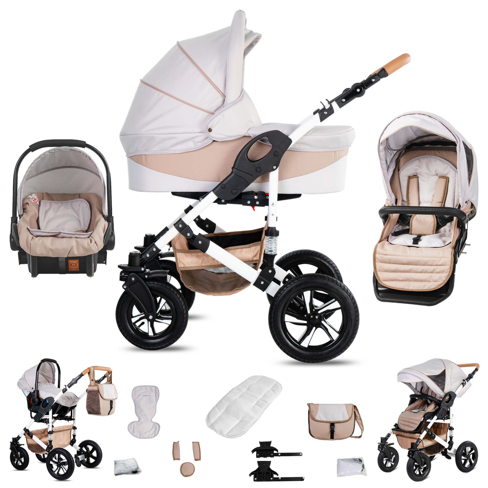 Kinderwagen-Set in Creme und Beige. Enthält Babywanne, Sportsitz, Babyschale und Zubehör. Hartgummireifen, weißes Gestell.