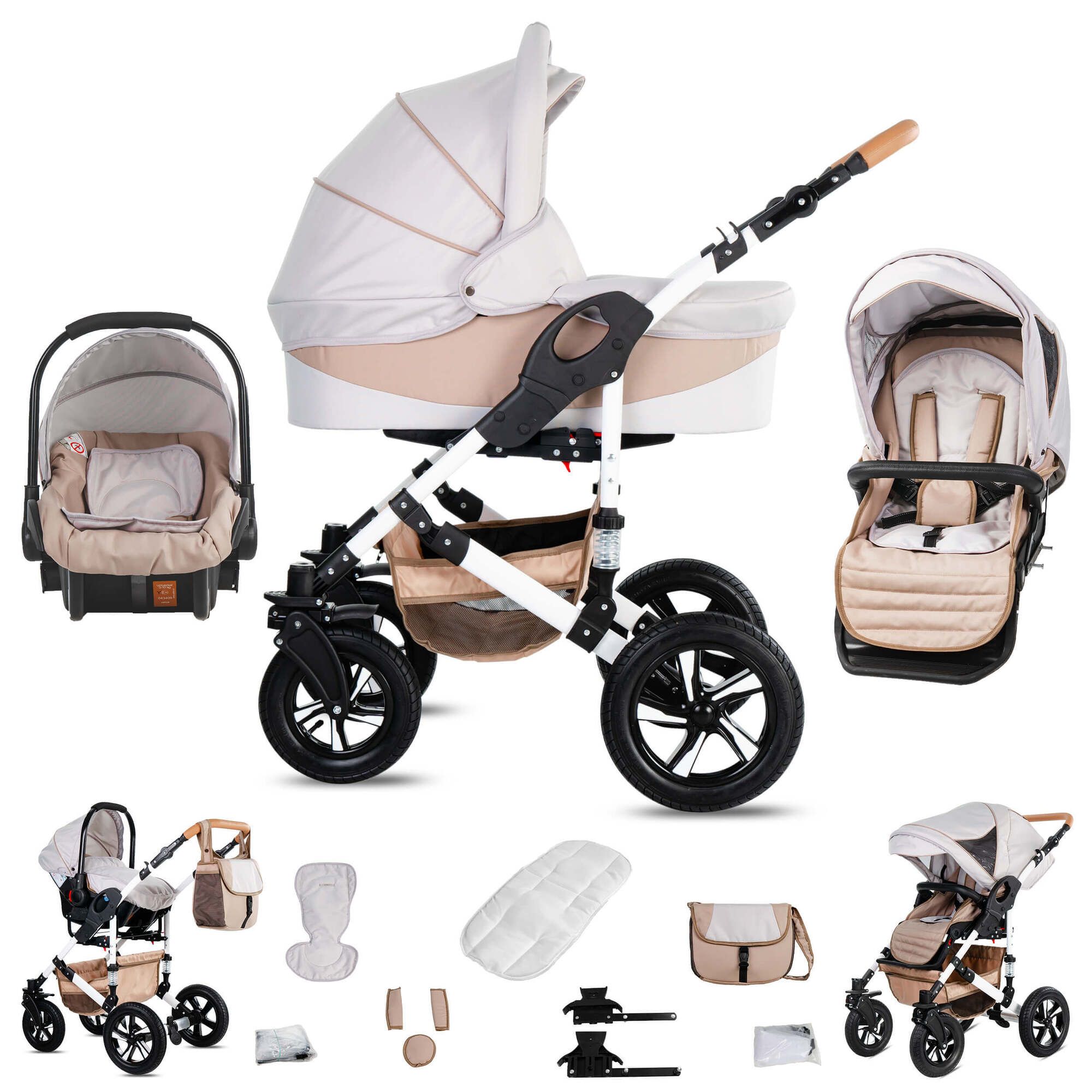 Friedrich Hugo Hamburg 3 in 1 Kinderwagen Komplettset Luftreifen, Cream & Beige