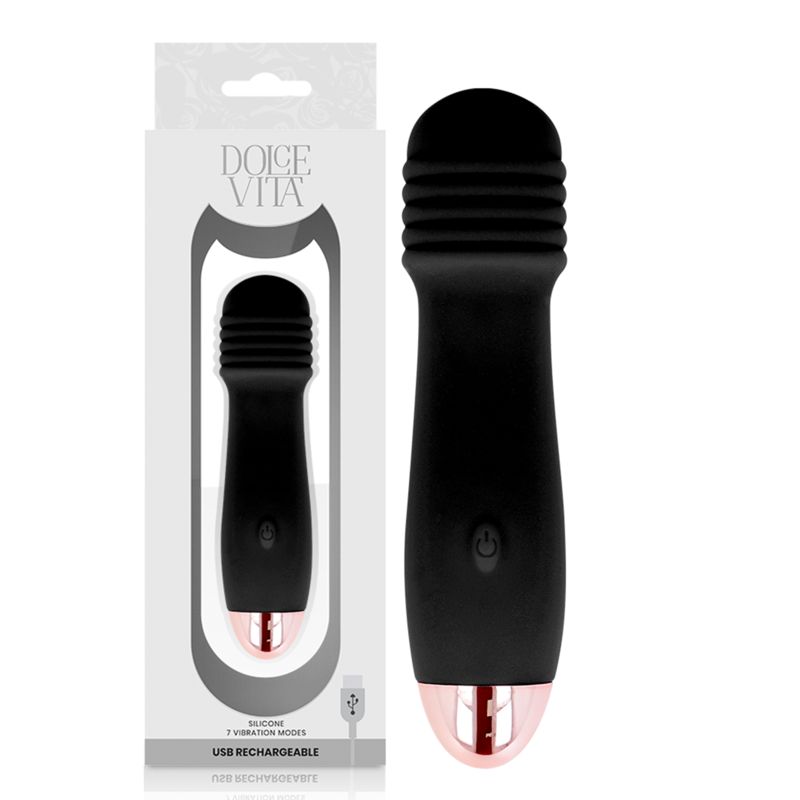 Schwarzer Vibrator in Verpackung. Verpackung mit Produktabbildung und Text: 'Dolce Vita', 'Silikon', 'USB Rechargeable'.
