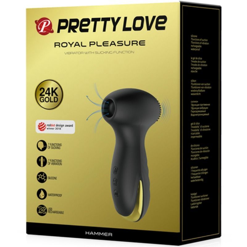 Verpackung mit Wellness-Produkt. Aufschrift: PRETTY LOVE, ROYAL PLEASURE. Auszeichnungen: 24K GOLD, Red Dot Design Award.