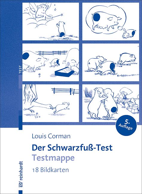 Testmappe mit 18 Bildkarten. Titel: Der Schwarzfuß-Test. Autor: Louis Corman. 5. Auflage. Verlag: reinhardt. Illustrationen mit Schweinen.