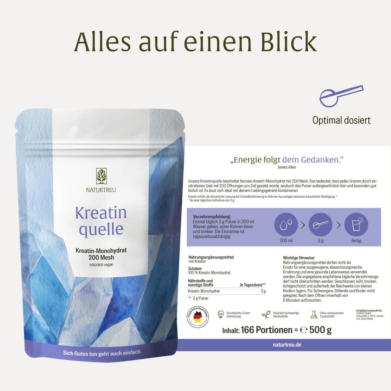 Beutel mit Text und Löffel. Text: Kreatinquelle, Kreatin-Monohydrat, 200 Mesh, natürlich vegan. Informationen zur Dosierung und Inhaltsstoffe.