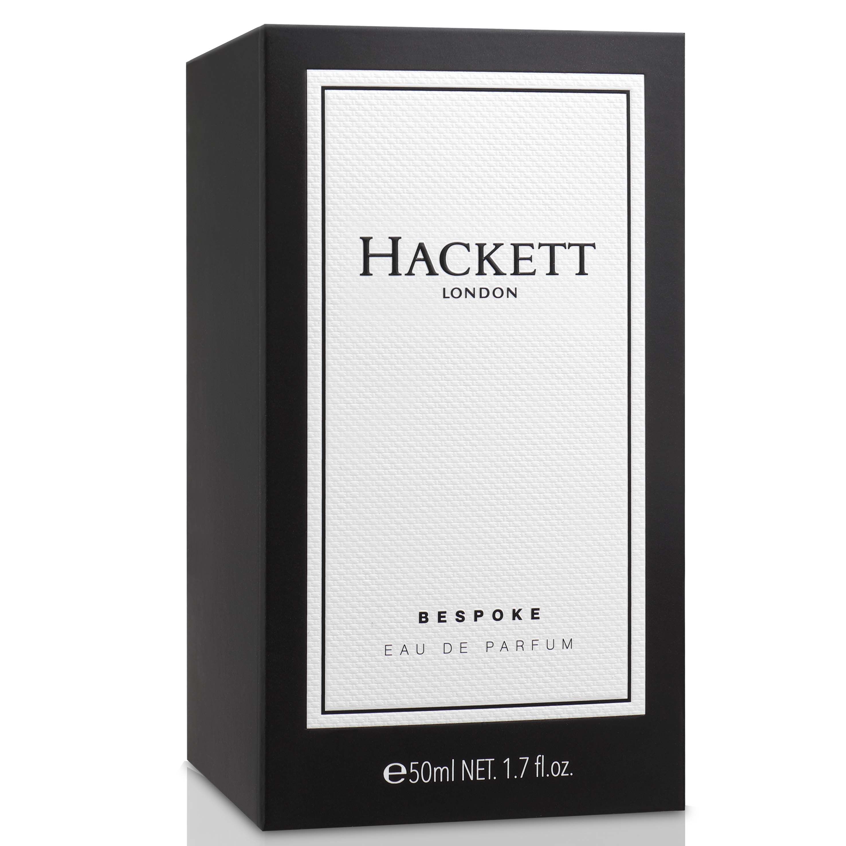 Schwarze Verpackung mit weißem Etikett. Aufschrift: HACKETT LONDON, BESPOKE EAU DE PARFUM. 50ml und 1.7 fl.oz.