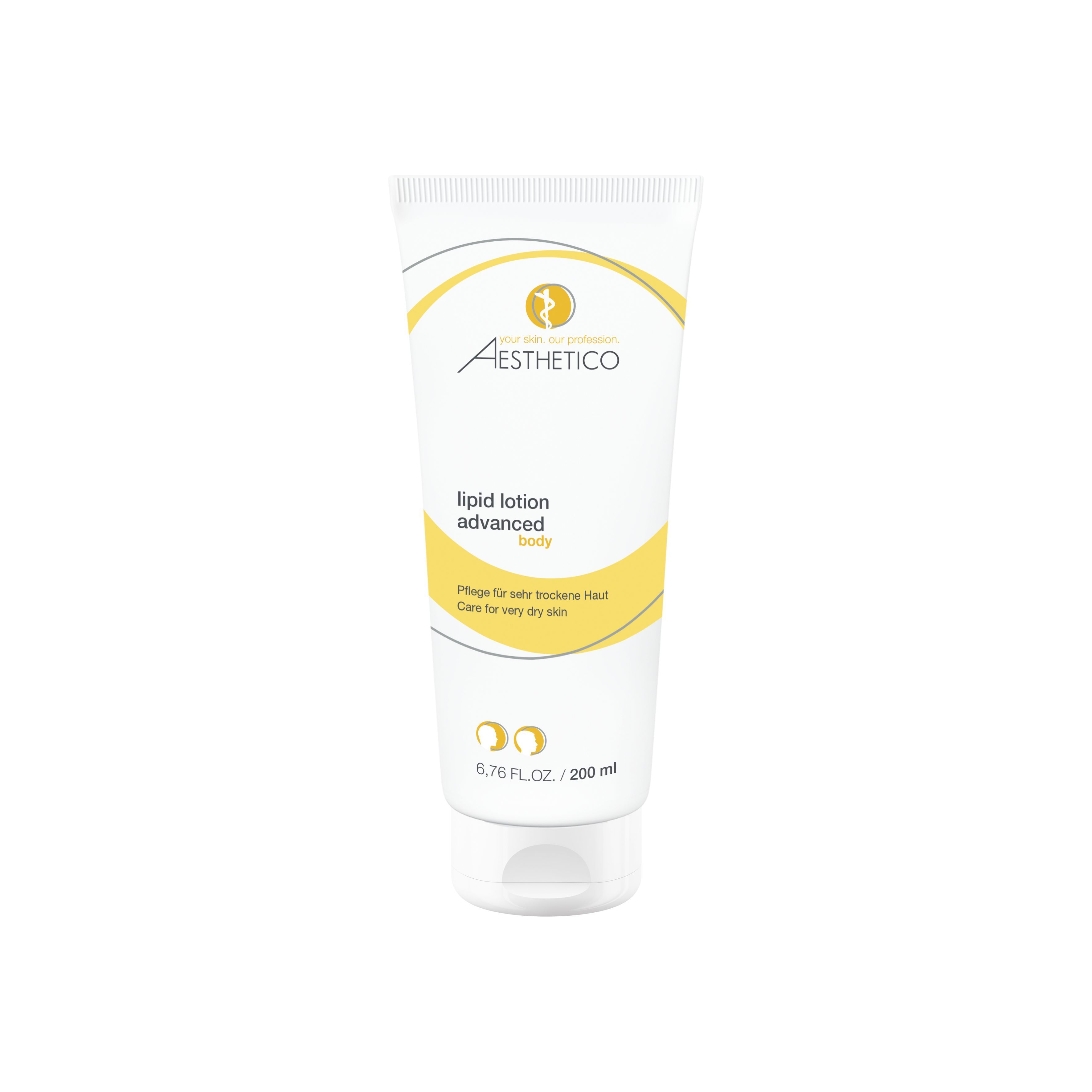 Weiße Tube mit gelben Akzenten. Aufschrift: Aesthetico, lipid lotion advanced body. Für trockene Haut.