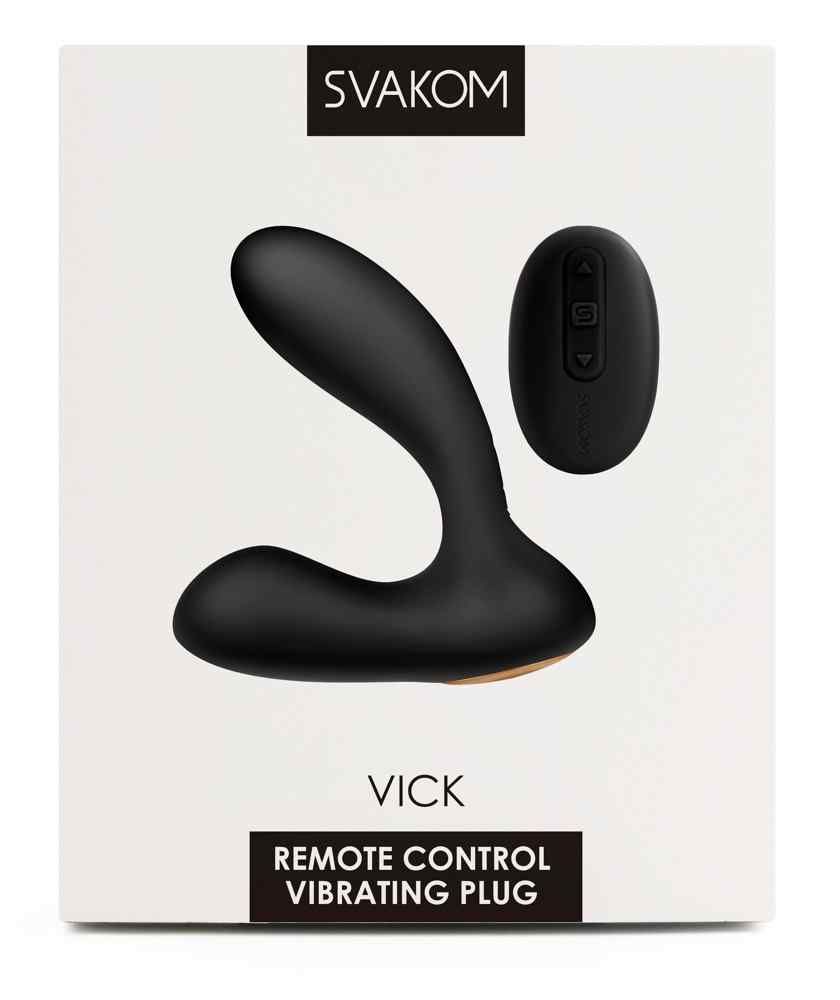 Verpackung mit schwarzem Wellness-Produkt und Fernbedienung. Aufschrift: Svakom, Vick, Remote Control Vibrating Plug.