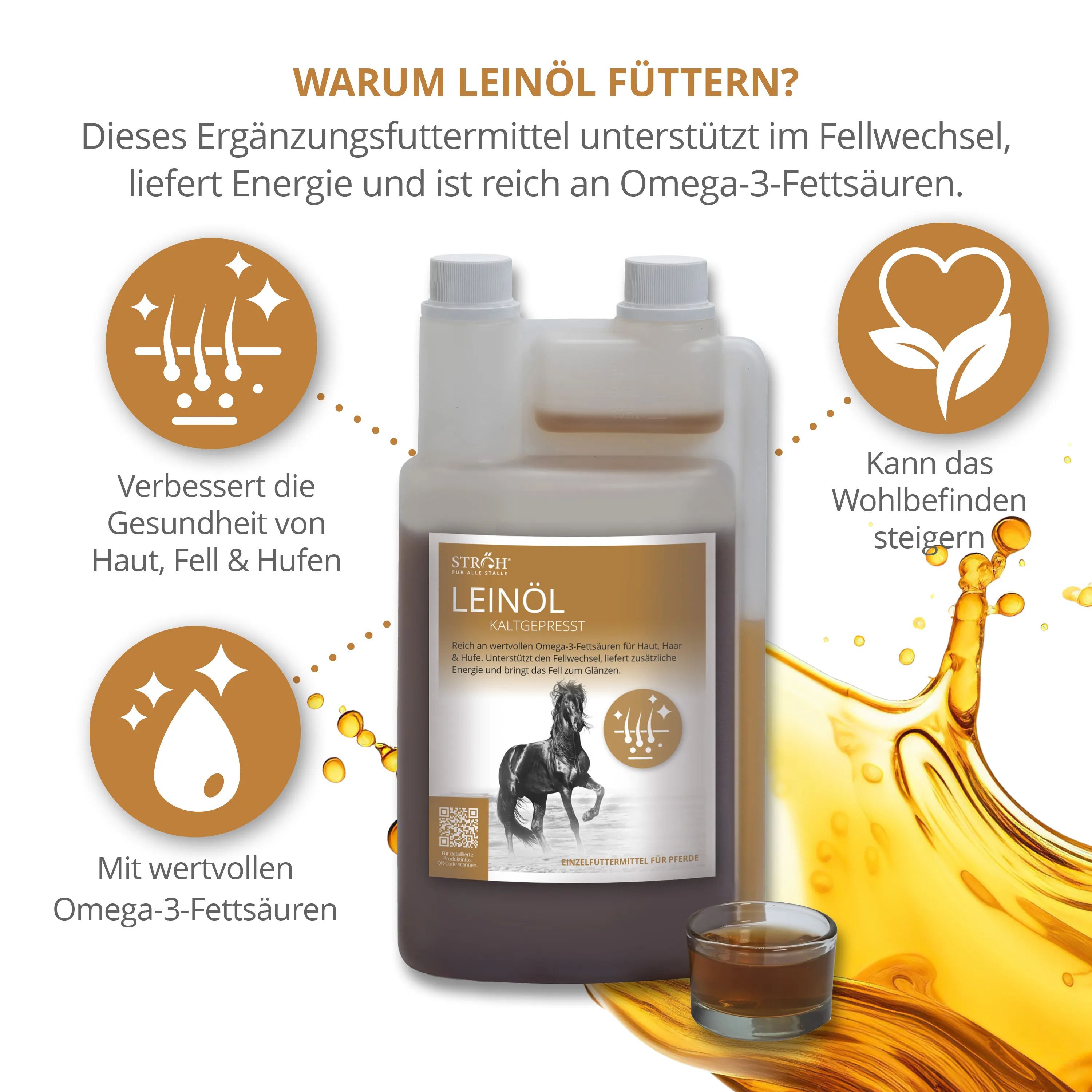 Produktflasche mit Infografiken. Aufschrift: LEINÖL kaltgepresst. Abbildung eines Pferdes. Grafiken zu Vorteilen und Inhaltsstoffen.