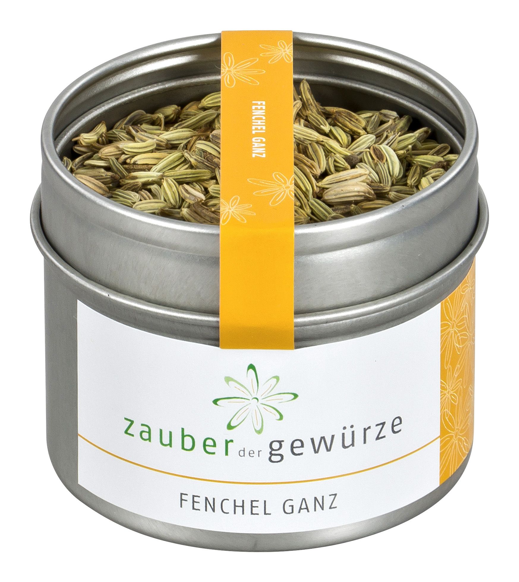Metallbehälter mit Fenchelsamen. Weißes Etikett mit Schriftzug "Zauber der Gewürze" und "Fenchel ganz". Gelber Streifen mit Text.