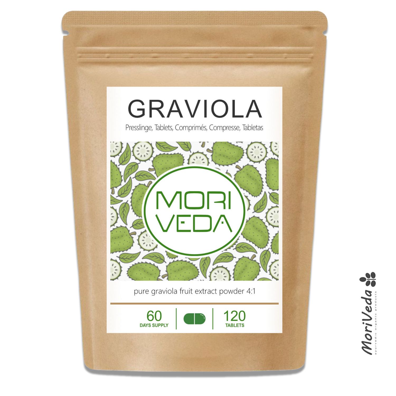 Moriveda Graviola Tabletten – 4:1 Fruchtextrakt, Vitamine & Antioxidantien, vegan 120 St