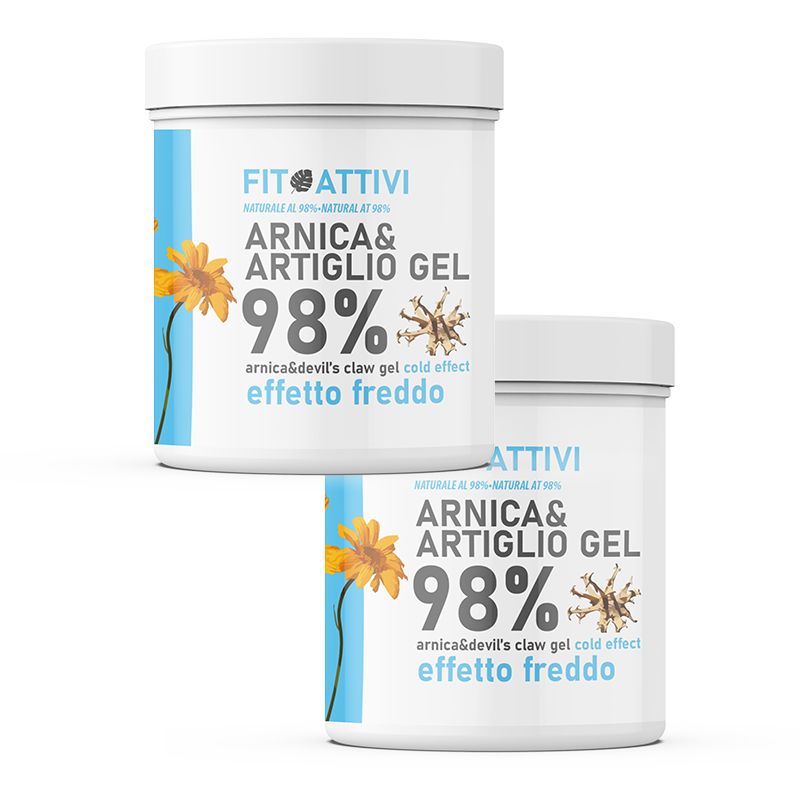 Zwei weiße Tiegel mit blauer und gelber Grafik. Aufschrift: Arnica & Artiglio Gel, 98%, effetto freddo.