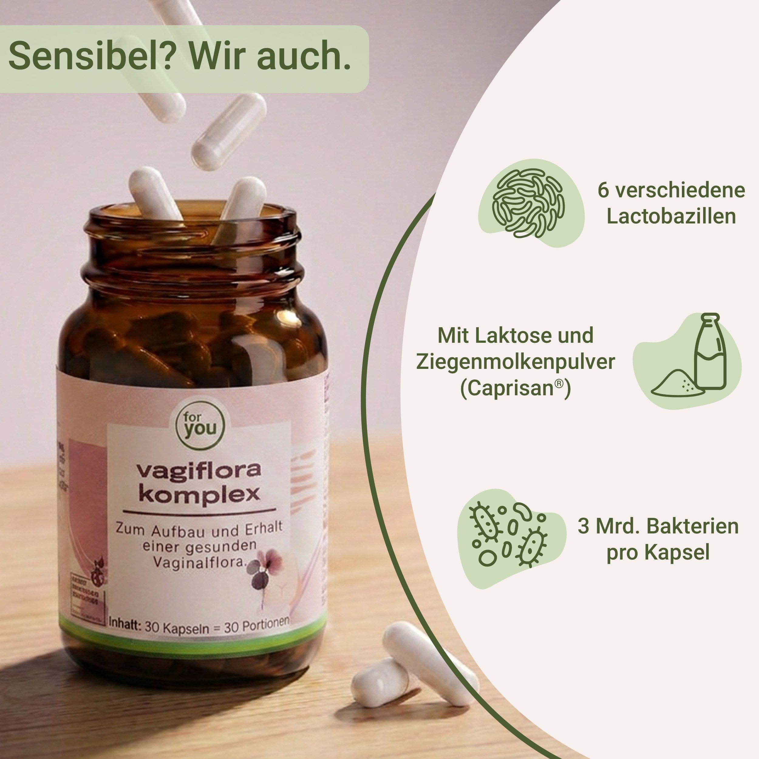 Eine Flasche Vagiflora Komplex mit Kapseln und Icons, die 6 verschiedene Lactobacillen und 3 Mrd. Bakterien pro Kapsel zeigen.